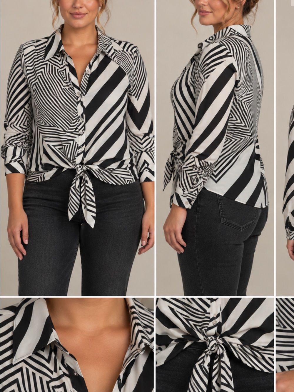 Peter Nygard Black & White Striped Tie-Front Button Shirt
